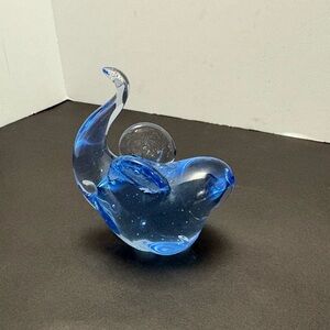 Hand Blown Baby Blue Art Glass Elephant with Ears and Trunk Up Lucky